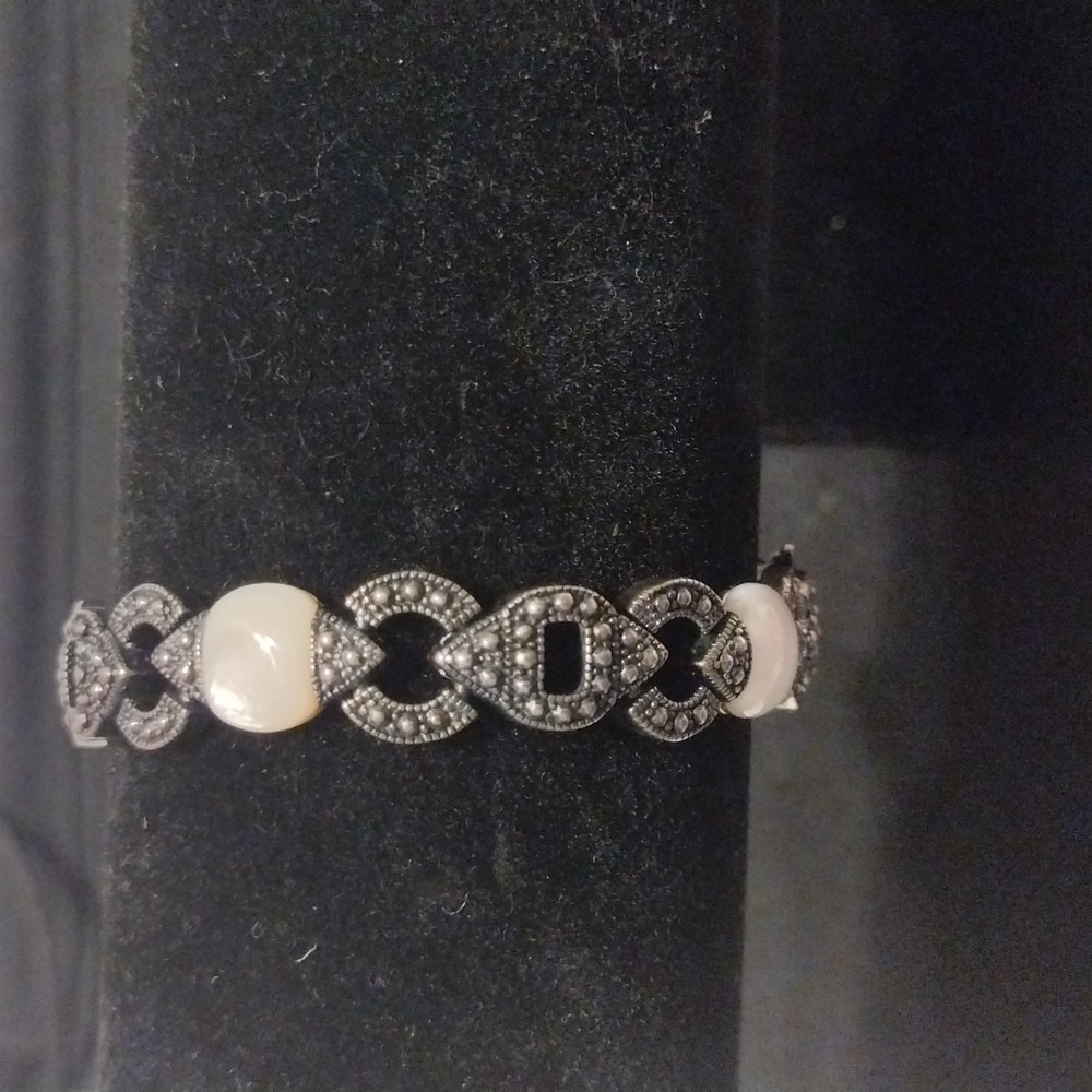 Vintage PAJ BB Silver Tone Faux Mother Of Pearl Tennis Bracelet